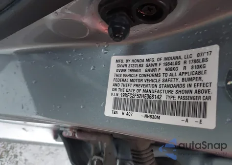 2017 Honda Civic Lx из США, поврежденный, VIN 19XFC2F52HE068142